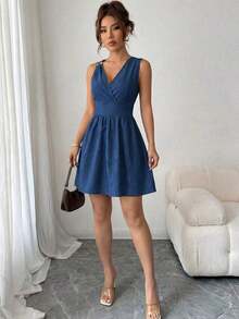 Vestido elegante de cuello en V, cintura ajustada y sin mangas, para verano - Azul lavado oscuro - Ver 5