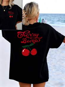 Two Bright Red Cherries Symbolize Youthful Energy And Joy, With Elegant Lettering That Evokes Freshness And Optimism. Women's Double-Sided Print T-Shirt, Casual And Modern For Summer Beach. - 黑色 - 查看 8