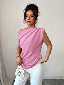 Blusa de unicolor con cuello asimétrico y plisado a la moda para mujeres - Rosa - Ver 8