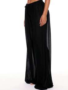 Pantalones anchos con cordón frontal de tiro bajo, prenda de vestir para cubrir en verano, primavera, vacaciones, vacaciones, club sexy, Ibiza, ropa de playa, nanotecnología, techno, otoño, color sólido - Negro - Ver 3