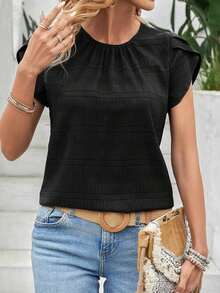 Blusa con manga de pétalos y parte trasera con cerradura y un solo color - Negro - Ver 3