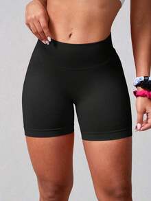 2 piezas Pantalones cortos de mujer de cintura alta, unicolor, elásticos y sin costuras, para yoga, fitness, deportes al aire libre y verano - Negro - Ver 2