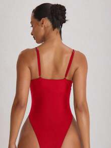 Resort Traje de baño con cuello recto, tirantes y corte alto en la pierna, tipo cheeky.Traje de baño básico unicolor para vacaciones, verano y viajes a la playa. - Rojo - Ver 4