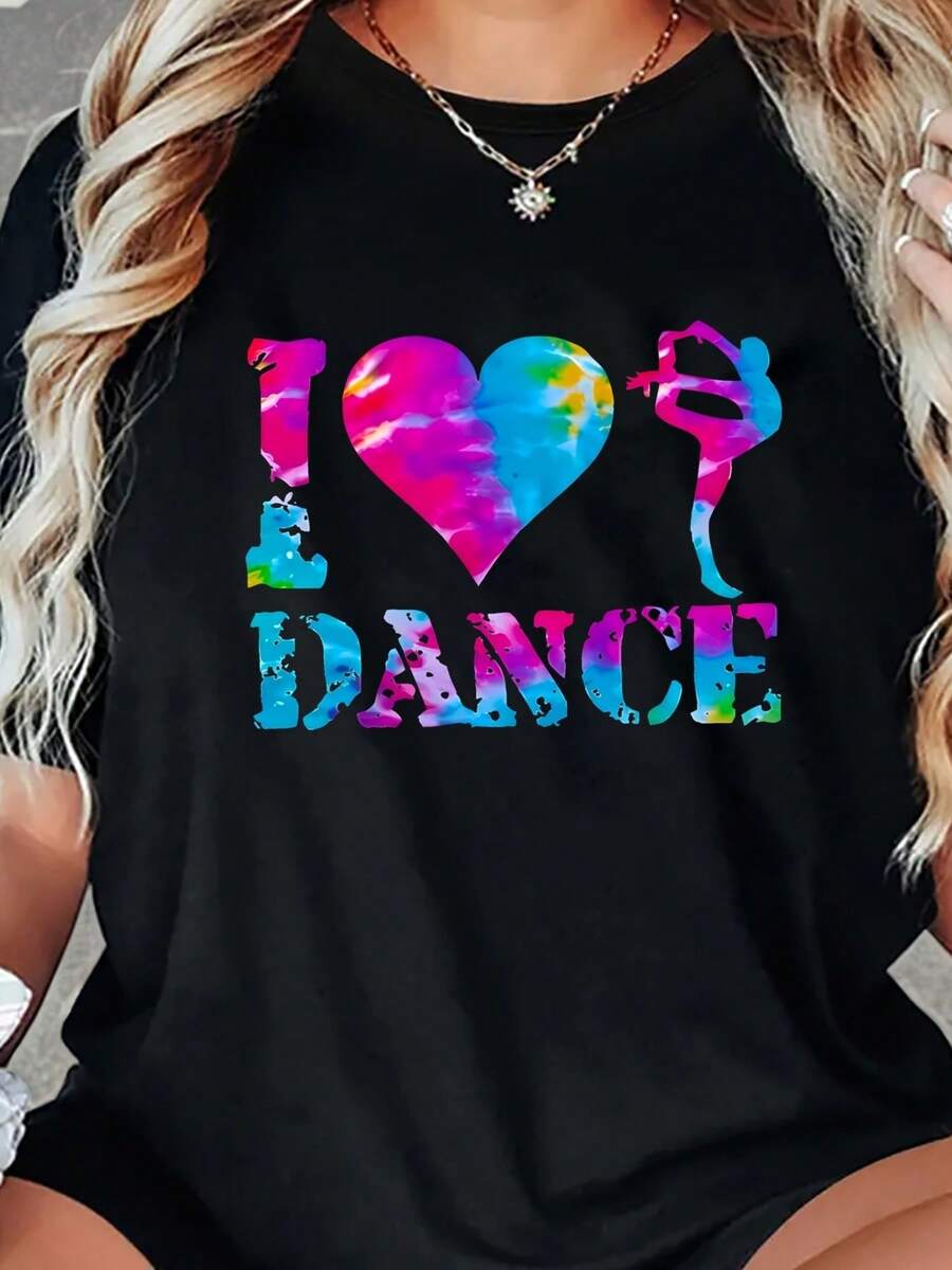 Camiseta deportiva casual y elegante para mujer con estampado de corazones y letras bailando - Negro - Ver 1