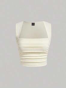 Conjunto de 4 piezas de top de tirantes ajustado y fruncido de cuello cuadrado de varios colores para mujer.Top corto sin mangas en negro, burdeos, marrón y blanco.Elegante y romántico para vacaciones, fiestas, ceremonias, playa, salidas casua - Beis - Ver 6