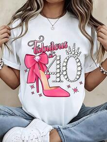 1 Piece Women's Round Neck T-Shirt With Pink Heel And Crown Print, Ideal For Celebrating 40 Years, Short Sleeve, Birthday Party Gift, 180g, 100% Cotton. - 白色 - 查看 7