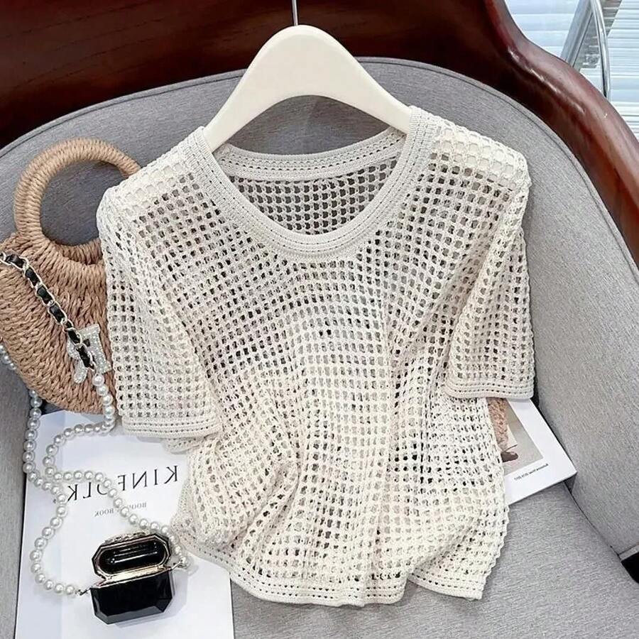 Jersey holgado de manga corta con cuello redondo para mujer, ropa de calle, prendas de punto, suéter de gran tamaño, moda coreana, Verano - Albaricoque - Ver 1