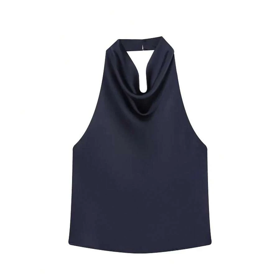 MUJER-Tops con cuello Halter para mujer, Top corto de satén con espalda descubierta, Tops de playa con hombros descubiertos para mujer, camisola Sexy, Top sin mangas para mujer - Azul marino - Ver 1