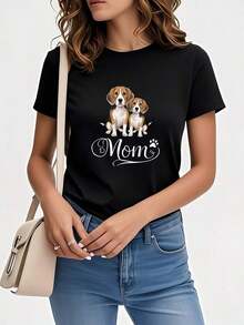 Adorable Beagle Dog Mom Graphic Tee For Women - Casual Short Sleeve Crew Neck Tee, Lightweight And Breathable Fabric, Perfect For Casual Outfits, Mother's Day Gift, Or Everyday Comfort | Playful Graphic Tee | Comfortable Fit - 黑色 - 查看 12