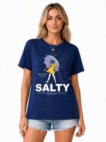 1 Piece Women's Loose-Fitting, Short-Sleeved T-Shirt With A Fun Text Print. Made From 100% Pure Cotton, It's Soft Against The Skin. A Simple Street-Style T-Shirt Perfect For Summer, Work, Or Casual Dates. - 海軍藍 - 查看 12