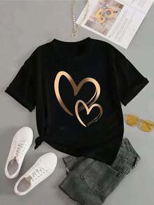 1pieza Blusas Hermosas para Mujeres Blusas Elegantes para Damas Ropa para Mujeres Tops para Mujeres Camiseta con Estampado de Corazón de 180G en Blanco y Negro con Estampado de Corazón Dorado de Alta Calidad Cuello Redondo Ajuste Básico Holgado Transpirable Versátil Lavable en Máquina Cómodo Talla S ~ 2XL Esencial para el Verano Diario Casual Deportivo. - Negro - Ver 4