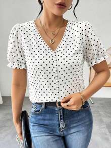 Blusa de gasa con estampado de lunares francés de moda para mujer, diseño elegante y elegante de manga corta con volantes para el verano - Blanco 3 - Ver 4