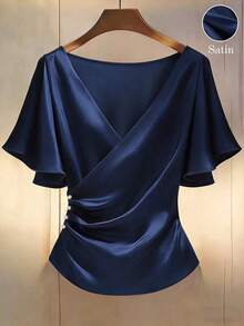 Blusa de satén elegante, blusa de manga corta, blusa de cuello en V, blusa de uso diario - Azul marino - Ver 1