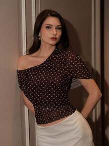 Blusa corta ajustada con pliegues y malla a lunares para mujeres - Café integral - Ver 5