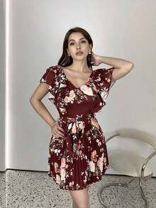 Vestido elegante y romántico para vacaciones con cuello en V con volantes, cintura ceñida y estampado floral en corte evasé para mujeres - Multicolor 8 - Ver 6