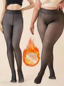 1 Pair Stretchy Warm Opaque Thermal Tights For Women High Waist Fleece Lined Winter Pantyhose Comfort All Day - 彩色 - 查看 8