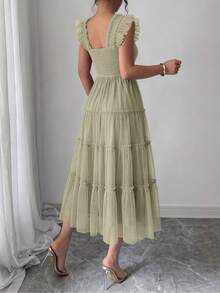 Women's Summer Tulle Midi Dress, Sleeveless Shirred Ruffle Flowy Mesh Dress, Party Bridesmaid Wedding Guest Vacation Sundress - Xanh nhạt - Xem 5