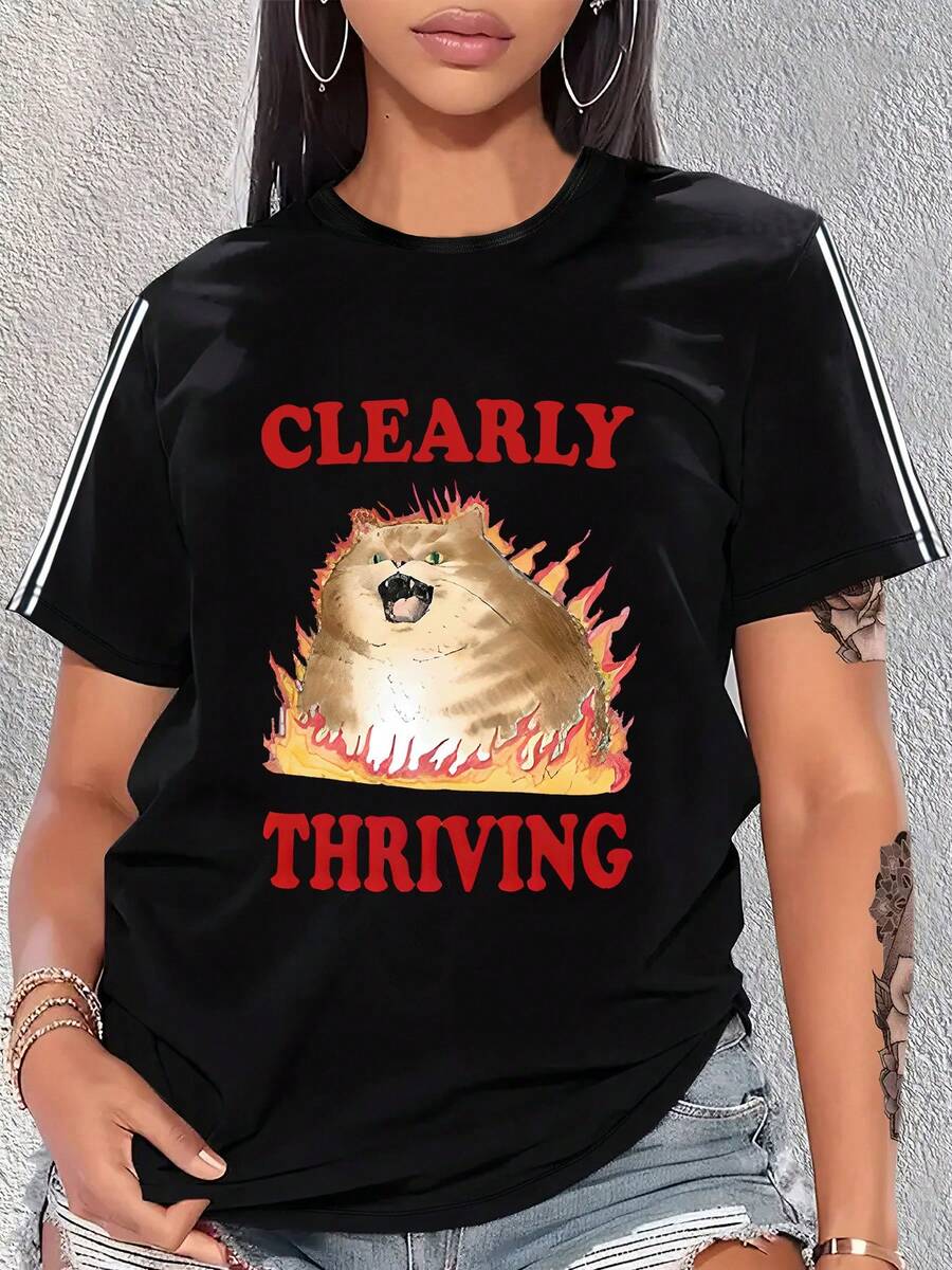 Ropa de Verano para Mujer Go Directional, Ropa de Primavera y Verano para Mujer, Camiseta de Manga Corta, Nueva Camiseta Estampada de Verano, Camiseta de Cuello Redondo, Ropa Nueva de Primavera para Mujer, Ropa de Viaje, Deportes y Ocio para Mujer, Ropa de Vacaciones para Mujer, Camiseta Divertida con Emoticonos de Dibujos Animados. - Negro - Ver 1