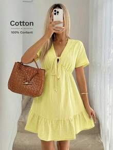 Vestido paraguas con cuello en V, lazo en los hombros, mangas caídas, cintura recogida, volantes en el bajo, de doble capa con textura de crepé 100% algodón, casual, relajado y elegante para uso diario, vacaciones, primavera y verano para mujeres - Amarillo - Ver 12