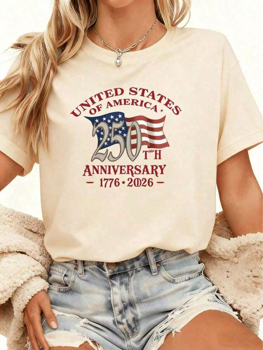 Graphic2026 NUEVO - Camiseta Conmemorativa del 250º Aniversario con la Bandera Americana, Cuello Redondo, Tela Suave y Cómoda, Camiseta Casual Unisex para el Día de la Independencia Americana, Shorts de Mezclilla Azul Claro a Juego, Camisetas Gráficas para Mujer, Blusas Bonitas de Mujer, Conjuntos de Verano para Mujer, Top de Verano con Cuello Redondo - Albaricoque - Ver 1