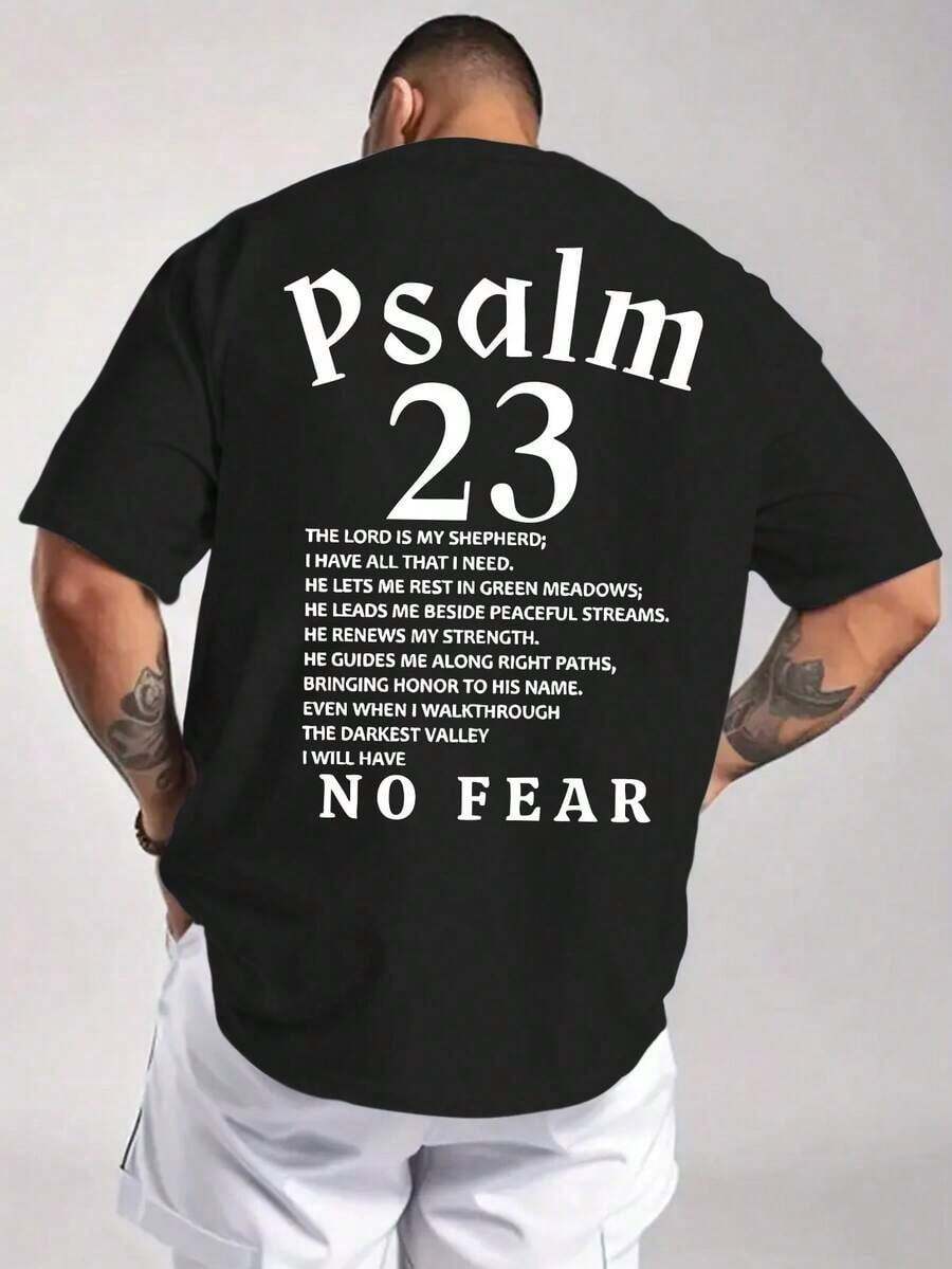Camiseta para hombre con estampado del Salmo 23 - Hecha de 100% poliéster, con corte regular, cuello redondo y mangas cortas, adecuada para uso casual y deportivo, lavable a máquina.Diseño con Versículo Bíblico Inspirador, Ropa Casual, Camiseta con Fuente Gráfica - Negro - Ver 1