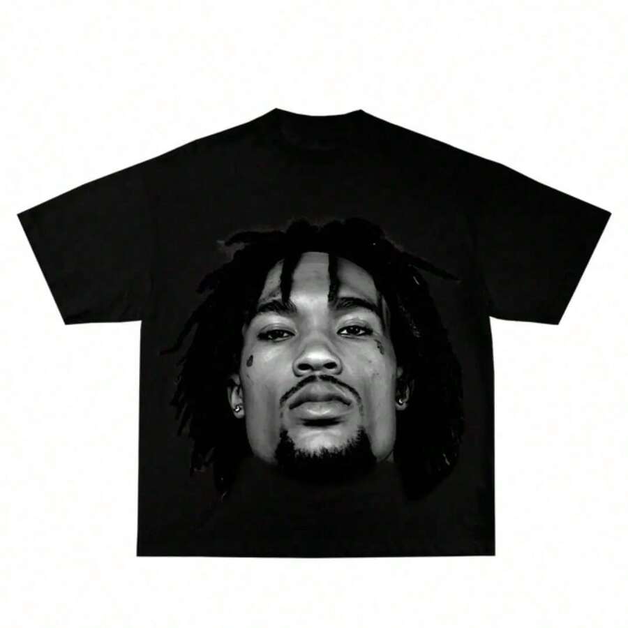 Vintage Graphic T-Shirt Inspired By Hunxho, Thick Cotton, 90s Basketball Style, Hip Hop Style, Y2K Aesthetic, Retro, Classic, With Large Celebrity Face Print YWSM - 黑色 - 查看 1