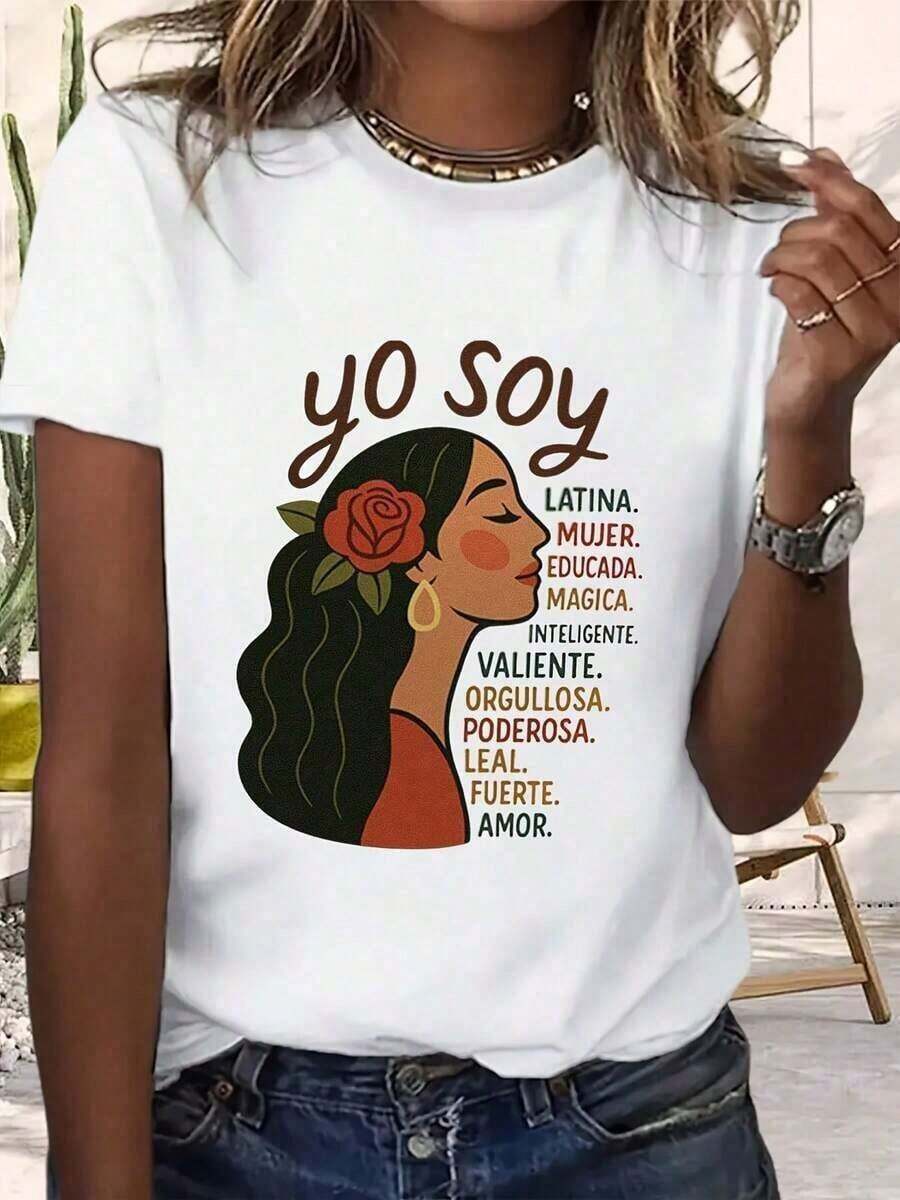 Comfortable1 camiseta cultural mexicana, americana, hispana y latina - Ropa casual y cultural para mujer - Perfecta para el Mes de la Herencia Latina y eventos latinos - Camiseta con estampado gráfico, lavable a máquina, ropa festiva, ajuste cómodo, camiseta de manga corta - 210g 100% algodón, todos los diseños están impresos. Unisexo. Camiseta de manga corta holgada y versátil para mujer. - Blanco - Ver 1
