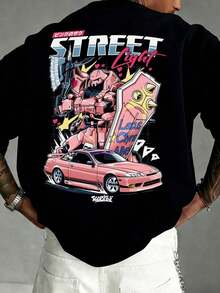 Fractyr Men's Fashionable Printed Loose Fit Short Sleeve T-Shirt | Exquisite Design | Racing Car And Cherry Blossom Print | Summer Essential | Easy To Match, Show Off Your Style - 黑色 4 - 查看 2