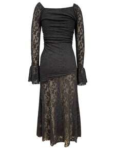 Vestido ajustado de encaje manga larga estilo sensual - Negro - Ver 5