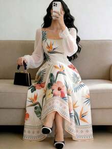 YHHModelyn Vestido de manga farol de cuello cuadrado con estampado floral diminuto, vestido largo elegante con cintura ceñida para verano y uso diario, vestido floral negroYHH - Multicolor - Ver 4