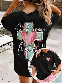 Nueva Camiseta Casual de Verano Ligera con Estampado de Letras y Cruz Dibujadas a Mano, Camiseta Religiosa Cristiana 'Dios Siempre Es Bueno', Ropa de Fe Unisex Casual de Manga Corta y Cuello Redondo - Estilo Urbano Vintage, Camiseta Unisex Holgada de Algodón de Manga Corta y Cuello Redondo - Negro 3 - Ver 6