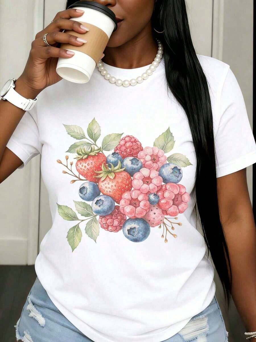 White Casual T-Shirt With Watercolor Berry Print, Women's Summer Casual Top, Fruit Design T-Shirt With Strawberry, Blueberry, And Raspberry Design, Soft Cotton T-Shirt, Fashionable Women's Clothing, 100% Cotton, Durable - 白色 - 查看 1