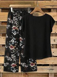 Clasi Conjunto de 2 piezas de camisa con lazo verde minimalista casual y pantalones rectos sueltos con estampado geométrico, adecuado para principios de otoño - Negro - Ver 2