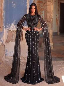 Faeriesty Đầm dạ hội nữ cổ tròn tay phồng đính kim cương, tay áo phồng xuyên thấu mộng mơ, thích hợp cho tiệc chiêu đãi, tiệc thời trang, dạ hội, kỷ niệm và các sự kiện xã hội sang trọng như đám cưới. - màu đen - Xem 4