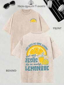 Men's 2026 Vintage Style Lemonade Print T-Shirt - Vintage Lemon And Jesus Lemonade Design On Front And Back, Distressed Short Sleeve T-Shirt, Casual Summer Lemonade Stand Theme, Crew Neck, Available In Large And Extra Large Sizes, High Quality Cotton Wax Print T-Shirt, Retro Style, Fashion Brand, Men's T-Shirt, Beach Must-Have, Summer T-Shirt For Men, Holiday Gift, Perfect Gift, Valentine's Day Gift (Retro Style, Unisex) - 杏色 - 查看 1