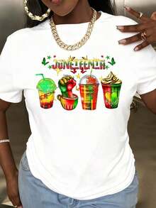 Women's T-Shirt, Juneteenth Celebration T-Shirt With Colorful Drinks Design And Rolled Cuff, Black Cotton T-Shirt For Women And Men, Independence Day Clothing, Summer Fashion Graphic Tee - 白色 - 查看 4