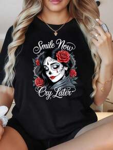 Camiseta de manga corta con cuello redondo para mujer, diseño de calavera de azúcar con la frase "Smile Now Cry Later", camiseta para el Día de los Muertos con diseño de rosas, camiseta gráfica negra, top de moda. Los estampados divertidos son adecuados para fiestas de Navidad, actividades deportivas, fiestas de vacaciones, salidas, deportes y otros regalos navideños. - Negro - Ver 7
