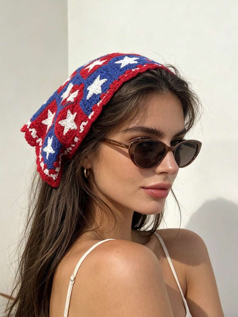 1pc Knitted Pentagram Embroidered Triangle Scarf, Women's Head Wrap, Daily/Travel/Vacation Sun Protection Hair Accessory Vacay Bandanas - Red - View 1