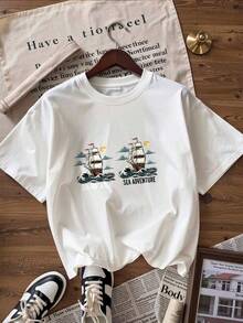 Short-Sleeve T-Shirt With Maritime Adventure Theme, Fashionable Short-Sleeve T-Shirt For Spring And Summer 2026, Made In Mexico, 180 Grams. Cartoon Print, Couple Design, Suitable For Indoor Or Outdoor Wear. Crew Neck, Unisex, Ideal For Office And Leisure. One-Piece Pack. - WH-P631577SLNDXZGY526 - 查看 4