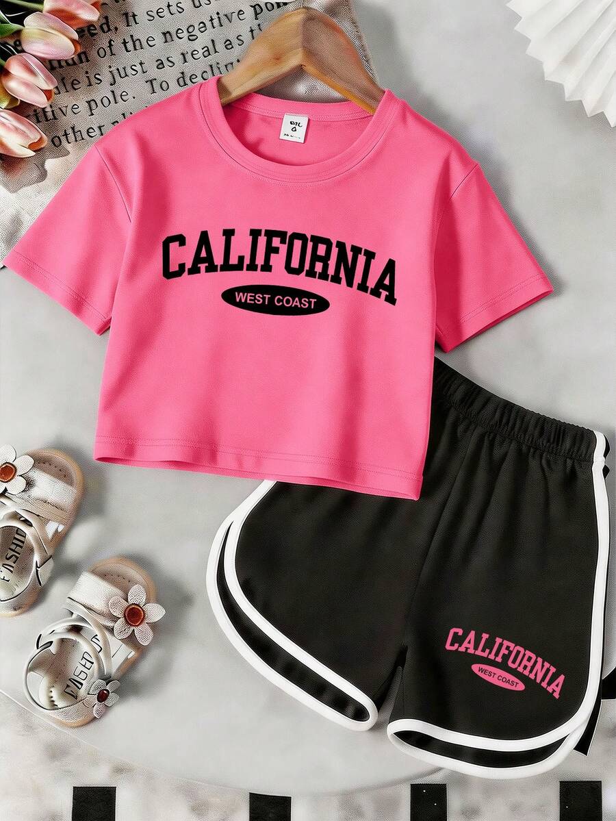 1 Set Teen Girls' Round Neck Short Sleeve T-Shirt And Shorts Set, Printed Text Graphic Design, Comfortable Minimalist Style, Suitable For Spring And Summer - Multicolor - View 1