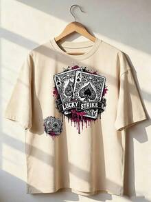 T-Shirt With Ace Of Spades And "LUCKY STRIKE" Text,  Short-Sleeved T-Shirt For Spring And Summer 2026, Made In Mexico, 180 Grams. Cartoon Print, Couple Design, Suitable For Indoor Or Outdoor Wear. Crew Neck, Unisex, Ideal For The Office And Leisure. One-Pack. - APR-P631577SLNDXZGY525 - 查看 1