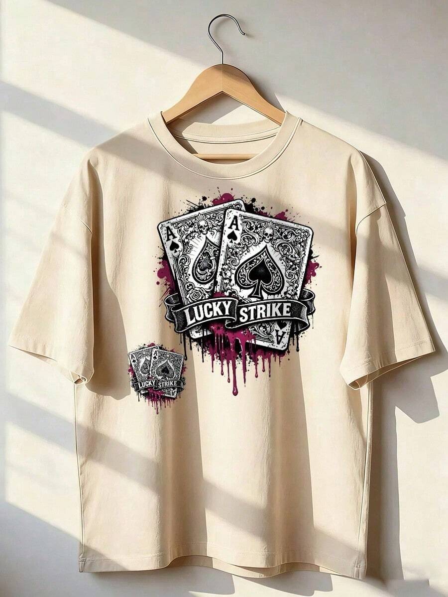 T-Shirt With Ace Of Spades And "LUCKY STRIKE" Text, Short-Sleeved T-Shirt For Spring And Summer 2026, Made In Mexico, 180 Grams. Cartoon Print, Couple Design, Suitable For Indoor Or Outdoor Wear. Crew Neck, Unisex, Ideal For The Office And Leisure. One-Pack. - APR-P631577SLNDXZGY525 - 查看 1