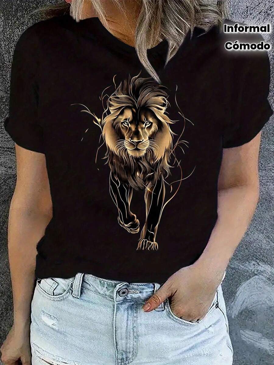 Women's Plus Size Casual T-Shirt With Gold Lion Print - Crew Neck, Short Sleeves, Slightly Stretchy Knit Fabric, Comfortable For All Seasons, Casual Style, All-Season Top | Graphic T-Shirt | Stretch Fabric - 黑色 - 查看 1