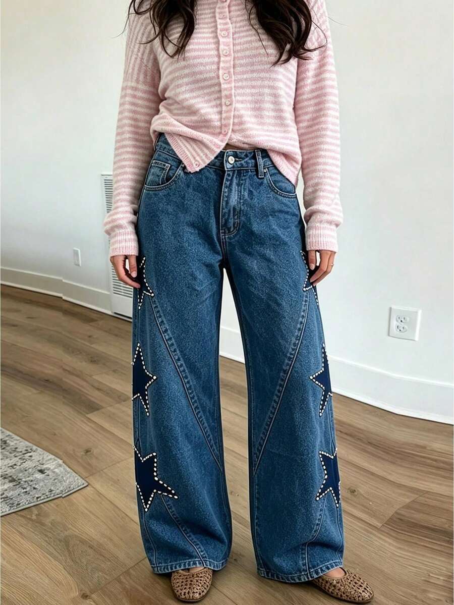 Women's Jeans With Pockets Stylish Mid Rise Casual Star Patch Wide Leg Denim Pants - Dark Blue - View 1