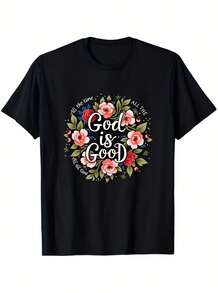 Women's Christian Faith T-Shirt - God Is Good With Floral Wreath And Bible Verse (Psalm 23:1) - Soft And Stretchy Crew Neck, Short Sleeve, Casual For Church, Daily Wear And Summer Outfits - Inspirational - 黑色 - 查看 1