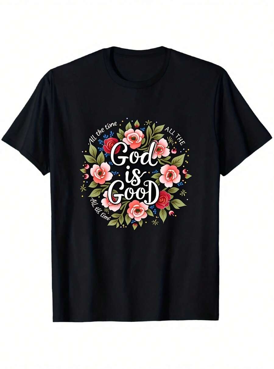 Women's Christian Faith T-Shirt - God Is Good With Floral Wreath And Bible Verse (Psalm 23:1) - Soft And Stretchy Crew Neck, Short Sleeve, Casual For Church, Daily Wear And Summer Outfits - Inspirational - 黑色 - 查看 1