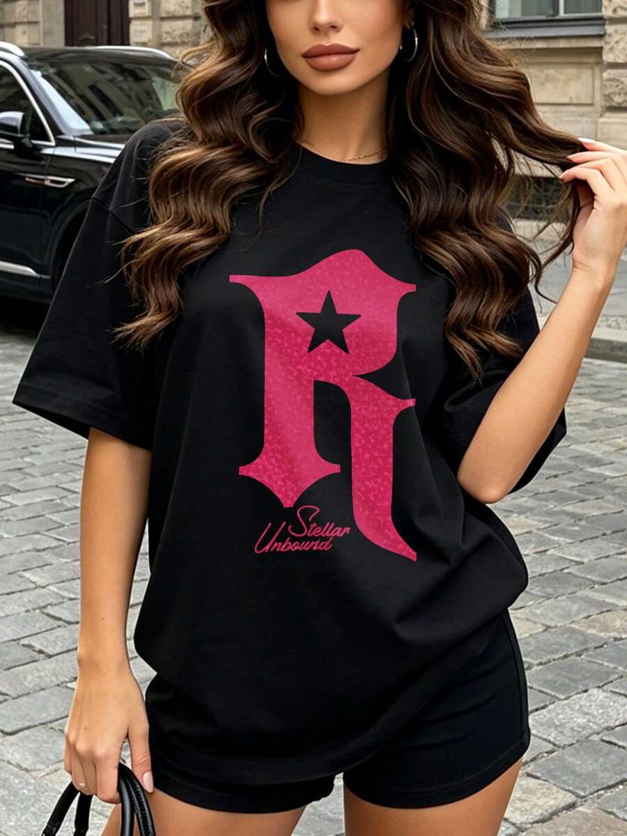 Women's Summer Casual Soft Round Neck Short Sleeve T-Shirt,The Star Letter R Print Graphic Is Suitable For Daily Wear In Spring And Summer.Black - Black - View 1