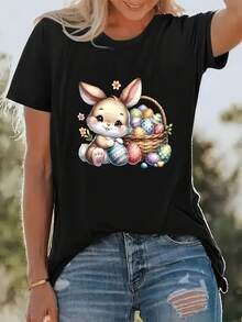 Women's T-Shirt With Easter Bunny And Egg Print - Short Sleeve, Round Neck, Casual Spring And Summer Blouse, Comfortable And Stretchy Fit, Egg Design Top, Machine Washable, Spring Holiday Outfit For Easter - Black - View 1