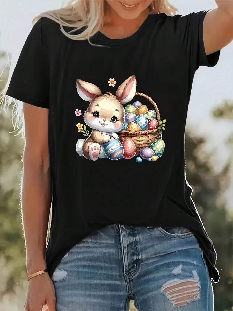 Women's T-Shirt With Easter Bunny And Egg Print - Short Sleeve, Round Neck, Casual Spring And Summer Blouse, Comfortable And Stretchy Fit, Egg Design Top, Machine Washable, Spring Holiday Outfit For Easter - Black - View 1