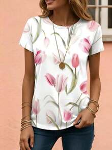 Women's Casual White Round Neck T-Shirt With Tulip Print, Loose Fit And Short Sleeves, For Casual Wear, Holidays And Everyday Use - 彩色 - 查看 4